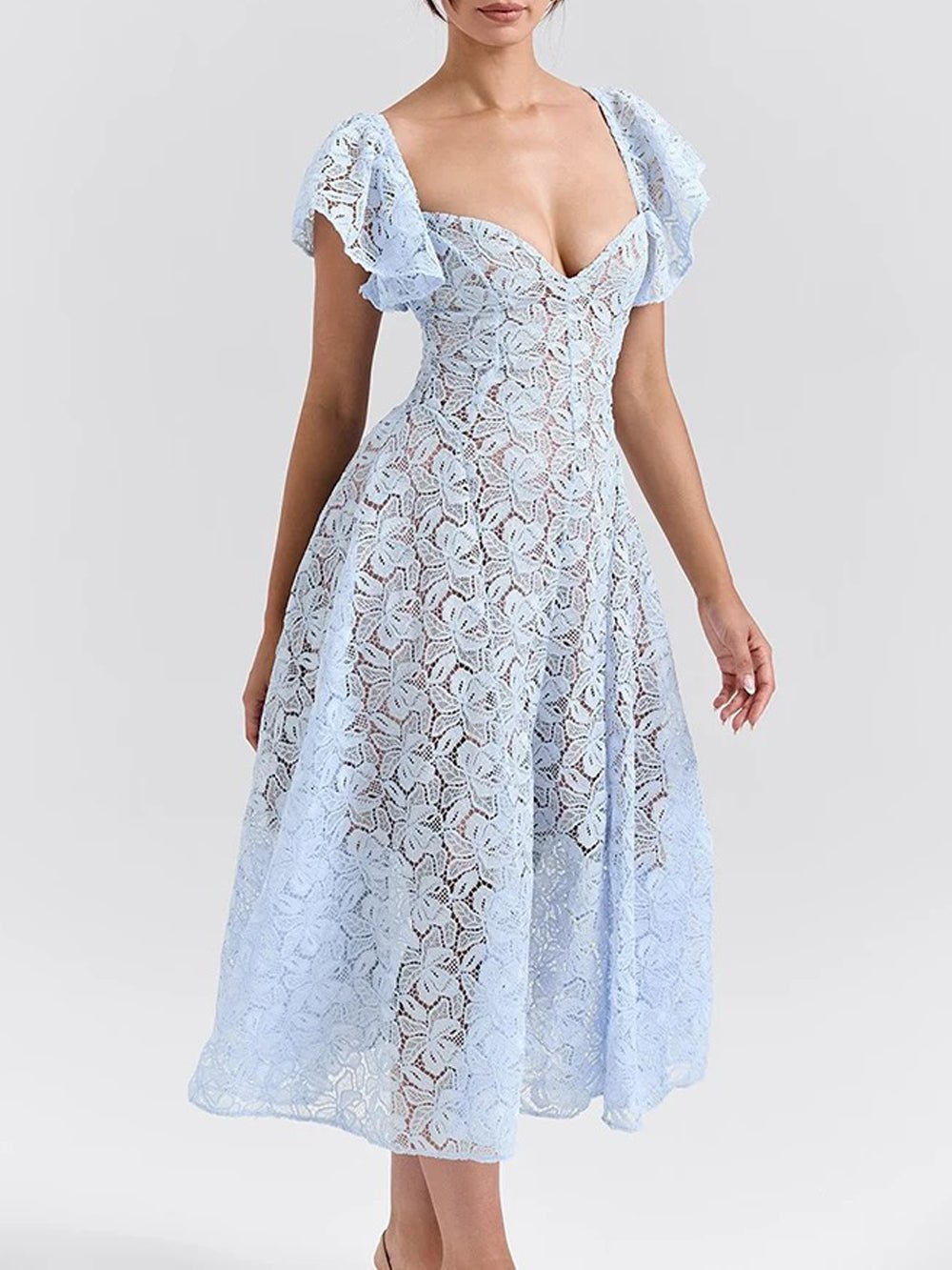 Lace Midi Dress with Flutter Sleeves M / Blue Lace Midi Dress with Flutter Sleeves M / Blue