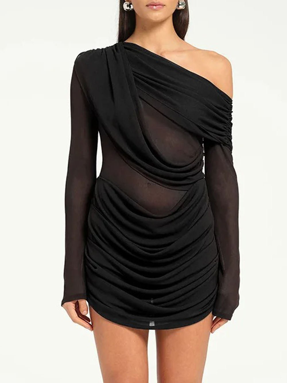 Buy Midnight Drape Sheer One‐Shoulder Mini Dress, Black / S online at SR Store Buy Midnight Drape Sheer One‐Shoulder Mini Dress, Black / S online at SR Store