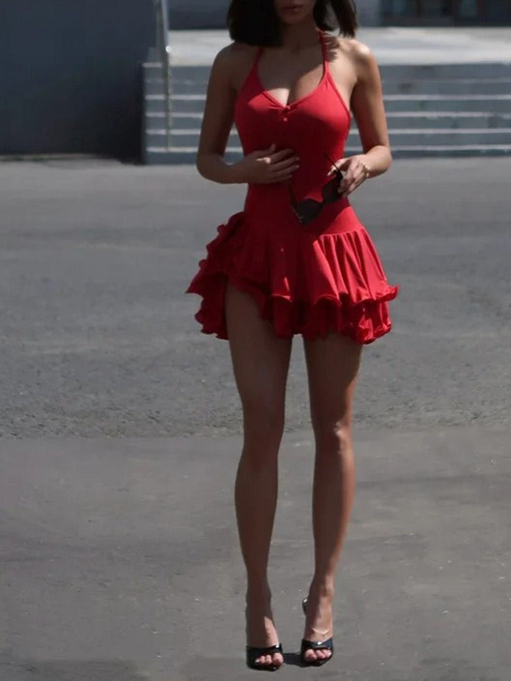 Chloe Halter Ruffled Mini Dress Red / XS