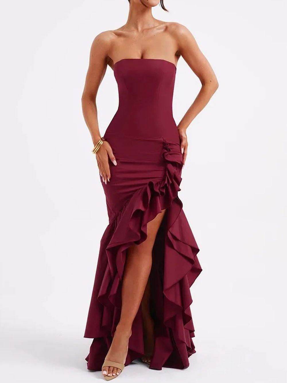 Eliza Strapless Split Ruffle Maxi Dress Red / Xs