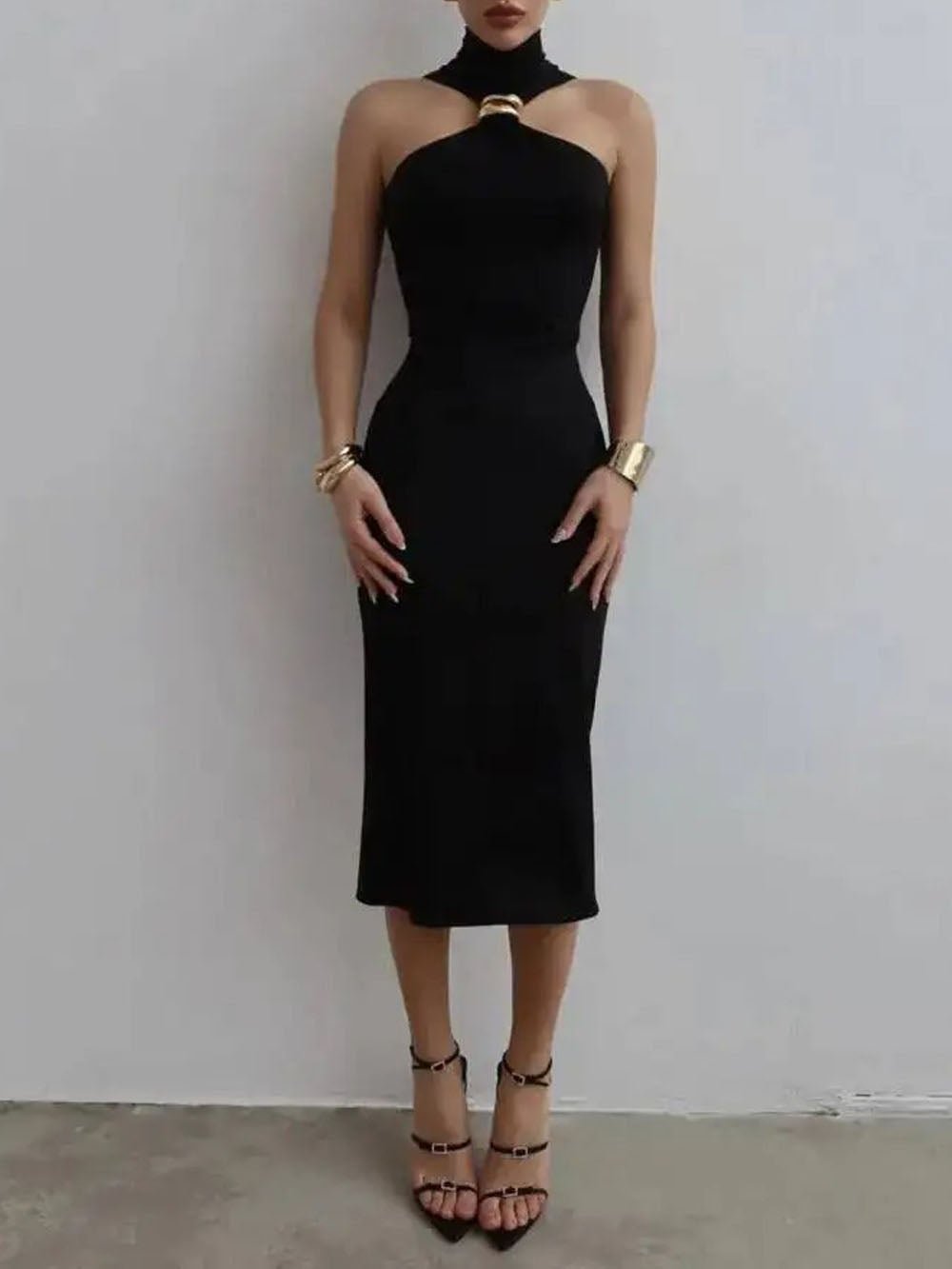 Nadia Asymmetric Halter Midi Dress Black / M