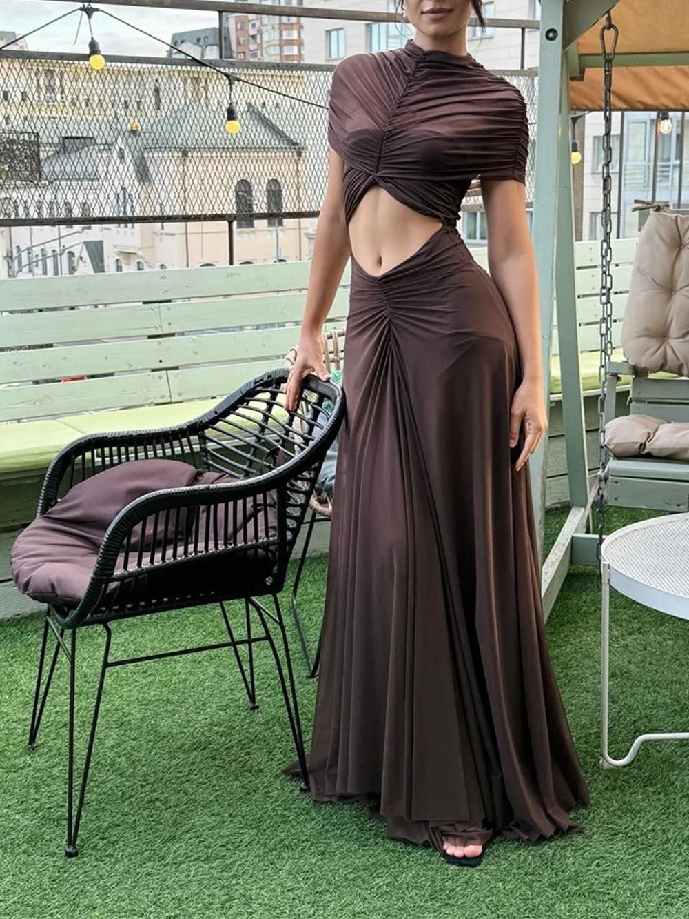 dress cutout fashion Nina Short Sleeve Maxi Brown / M gowns for photoshoot Non Stretch Clean The Oxford Bolero (Size):XL Megan Fox's Mugler Dress