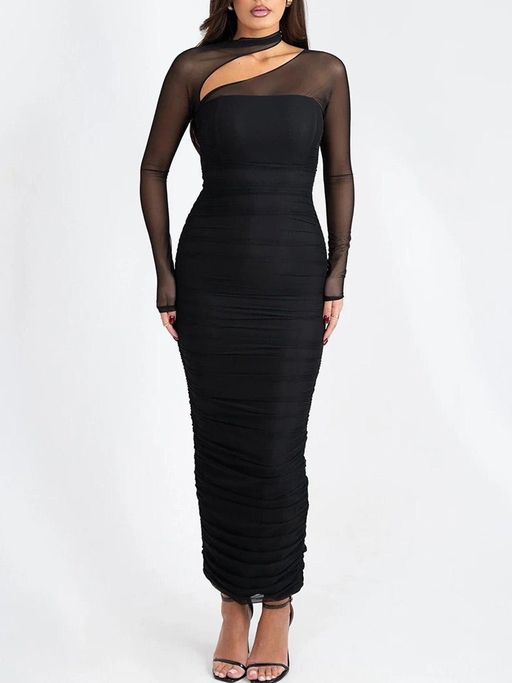 Sienna Mesh Ruched Maxi Dress Black / XS