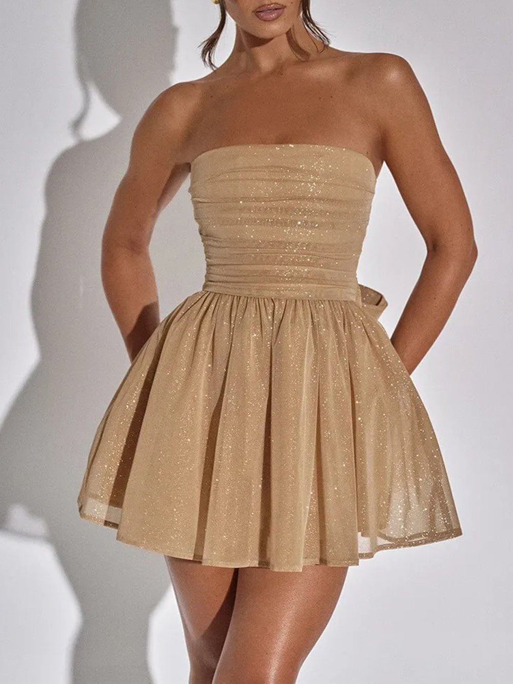 Tahlia Off Shoulder Sequins Mini Dress Khaki / L Tahlia Off Shoulder Sequins Mini Dress Khaki / L
