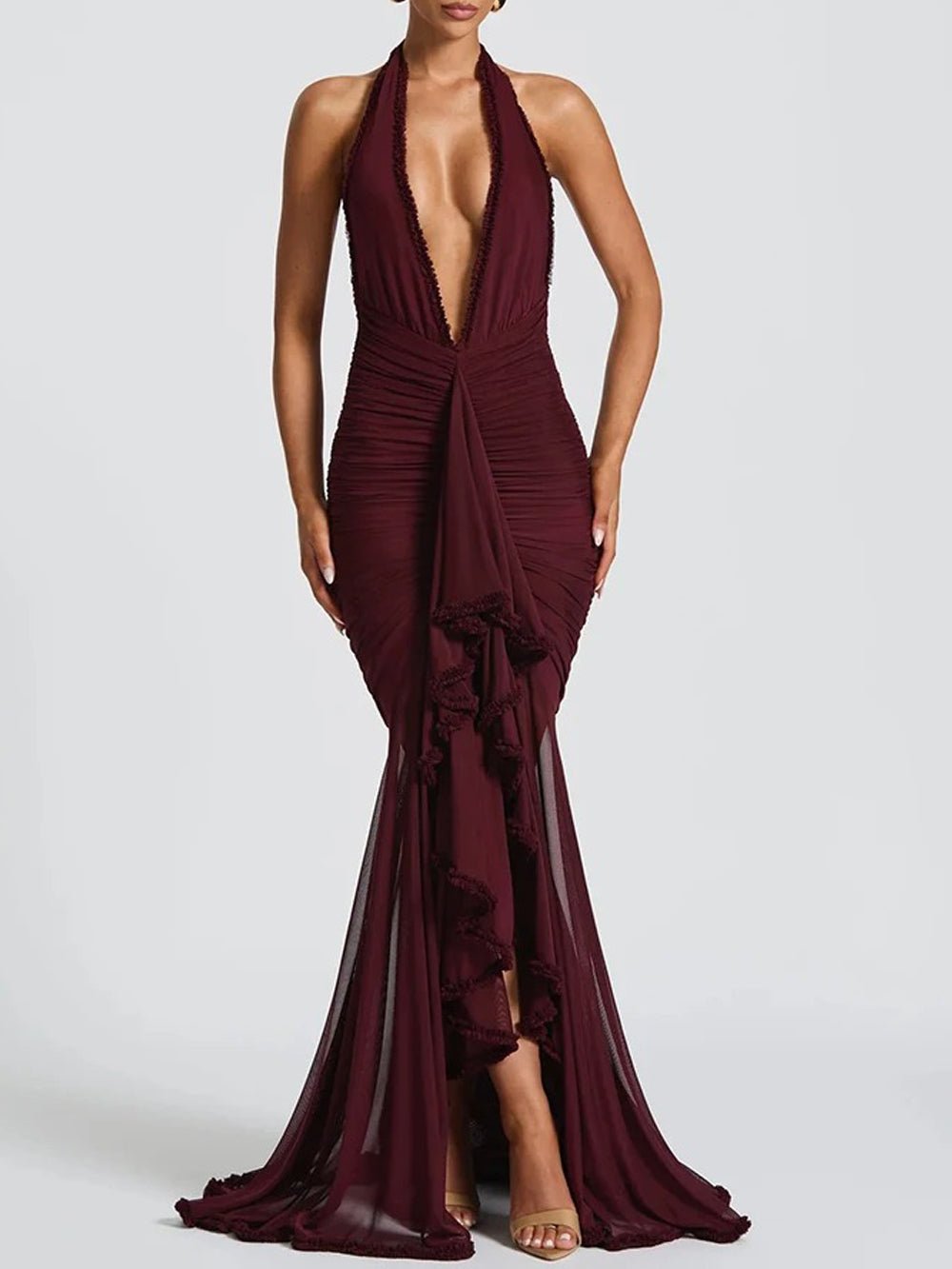 halter ruched maxi dress Green Palm Print Halter Ruched Maxi Dress – Hot Miami Styles main image 0