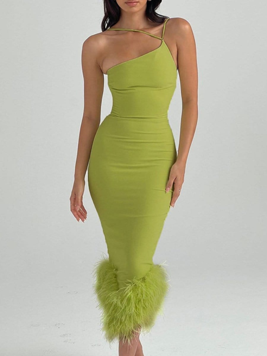 Light Green One Shoulder Midi Feather Dress Green / L Light Green One Shoulder Midi Feather Dress Green / L