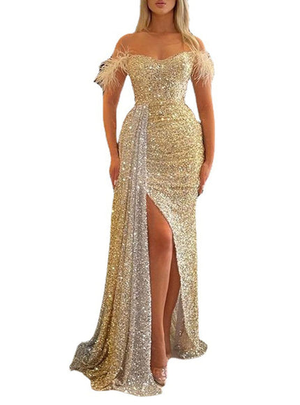Amira Off Shoulder Feather Backless Maxi Dress