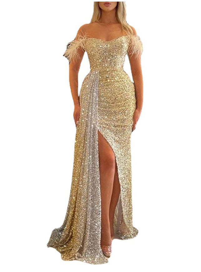 Amira Off Shoulder Feather Backless Maxi Dress