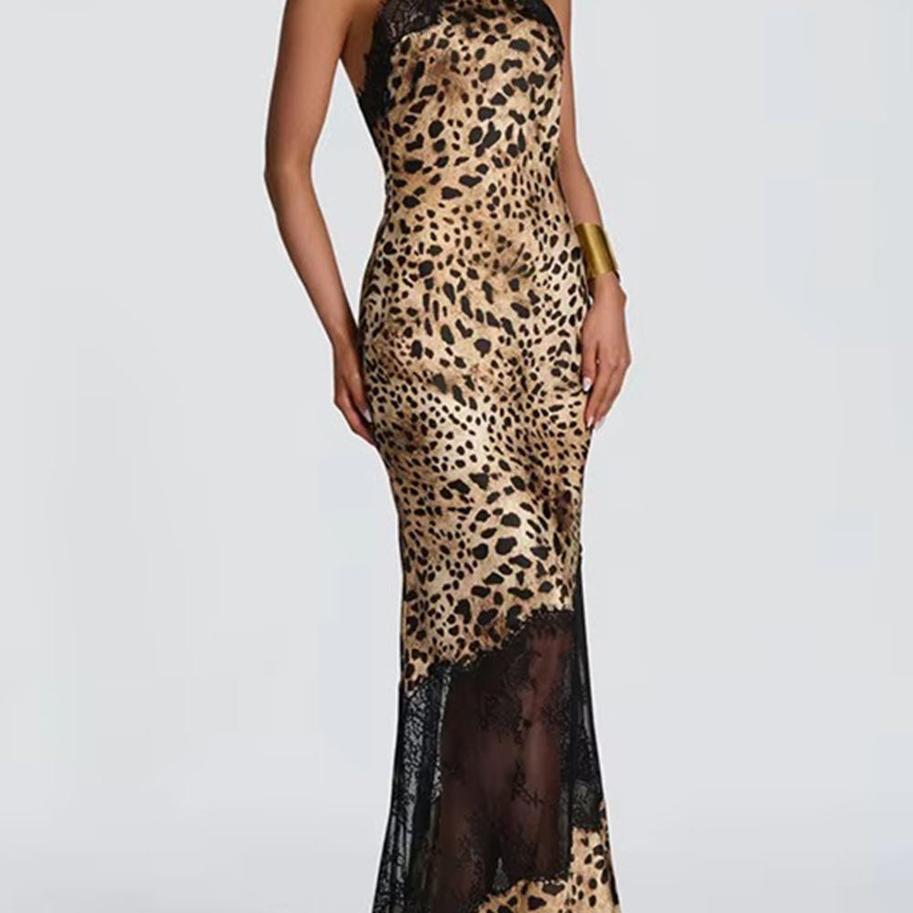 Front view of the leopard lace halter maxi dress with fitted silhouette and sheer lower panels