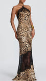 Front view of the leopard lace halter maxi dress with fitted silhouette and sheer lower panels
