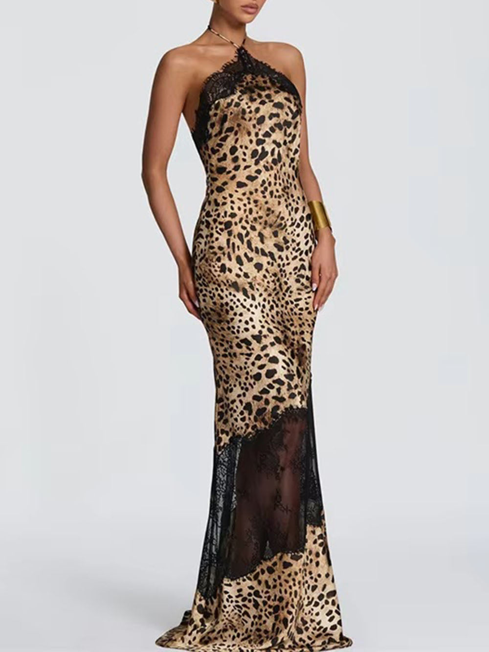 Front view of the leopard lace halter maxi dress with fitted silhouette and sheer lower panels