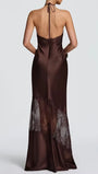Back view of the espresso maxi dress showing a low halter back and sheer lace detailing