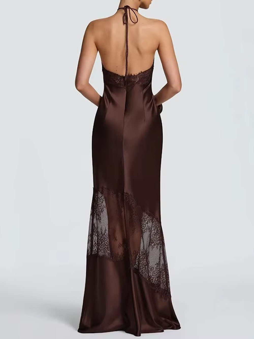 Back view of the espresso maxi dress showing a low halter back and sheer lace detailing