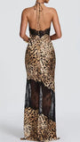 Back view of the leopard lace maxi dress with open shoulders and patterned sheer skirt