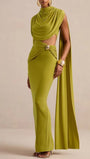 Front view of the chartreuse olive dress with asymmetric sleeve, cowl draping, and jeweled waist detail
