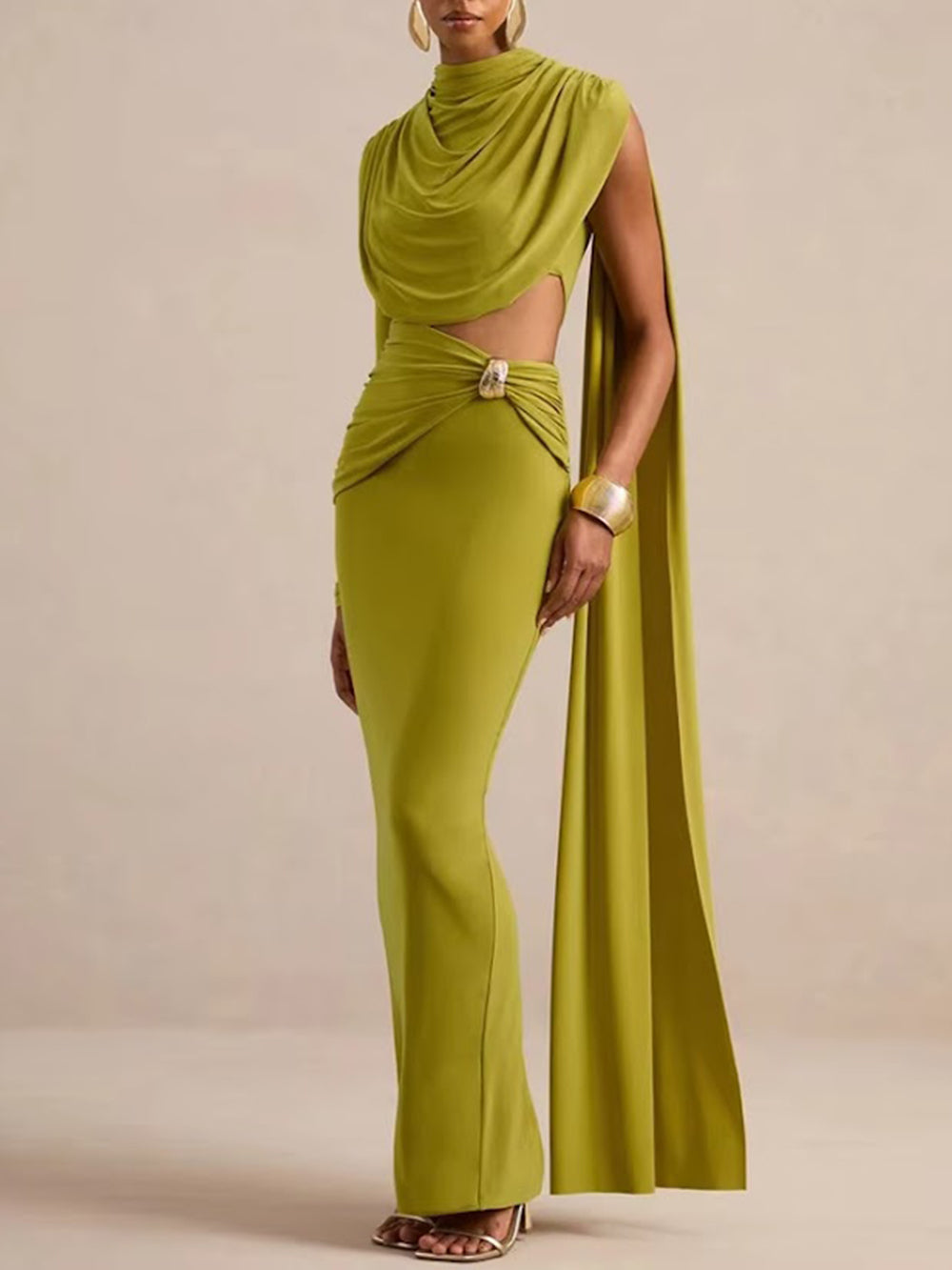 Front view of the chartreuse olive dress with asymmetric sleeve, cowl draping, and jeweled waist detail