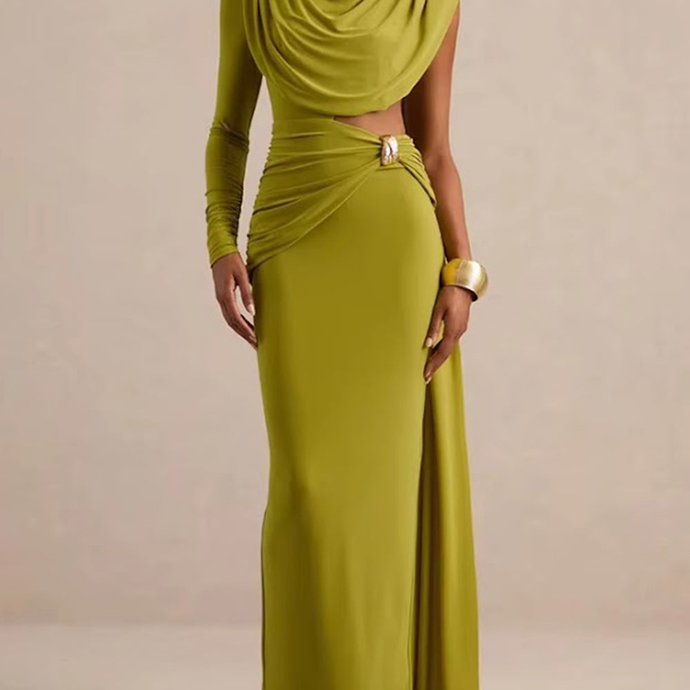 Full length view of the chartreuse olive maxi dress with fitted skirt and floor-sweeping drape