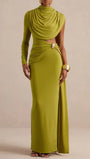 Full length view of the chartreuse olive maxi dress with fitted skirt and floor-sweeping drape