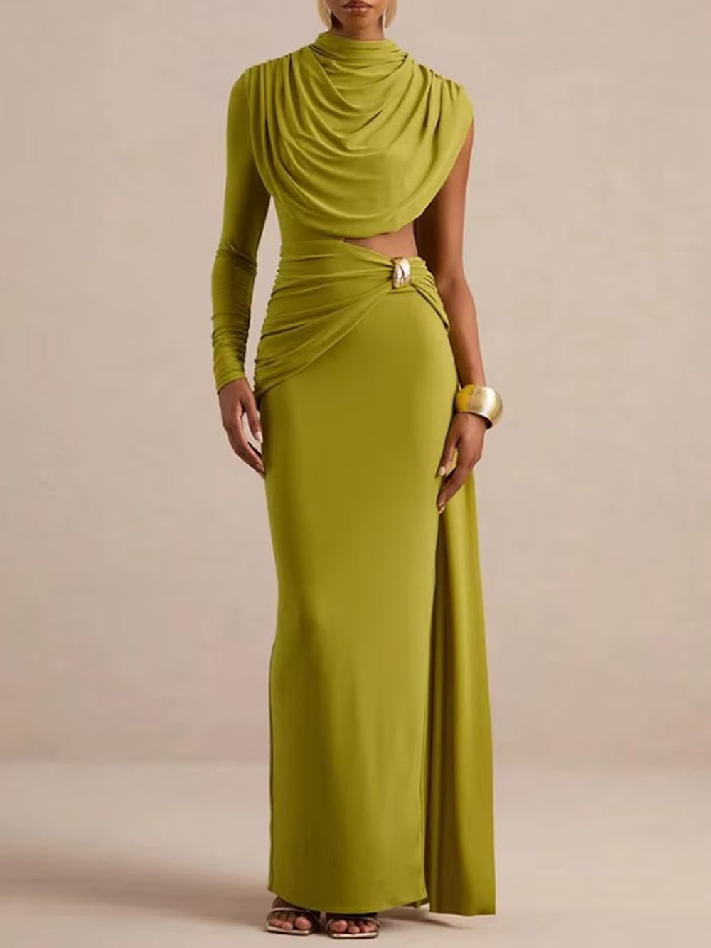 Full length view of the chartreuse olive maxi dress with fitted skirt and floor-sweeping drape