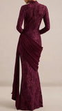 Back view of the Merlot gown showing fitted floral lace and an asymmetric draped panel