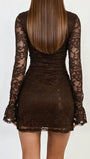 Back view of the cocoa lace mini dress with long sheer sleeves and softly flared hem