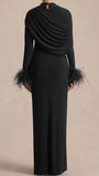 Back view of the blush pink dress showing the asymmetric draped shoulder and feather trim