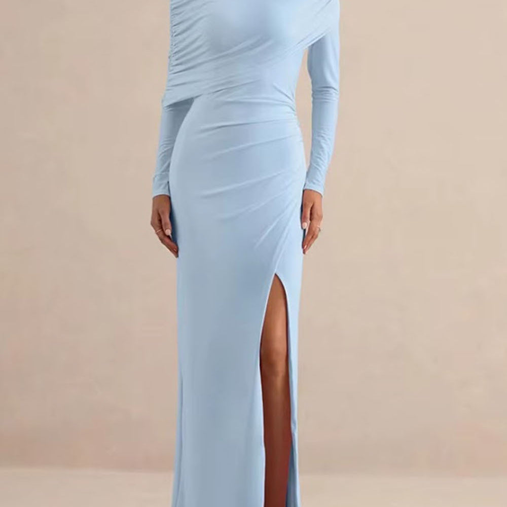 Front view of the powder blue dress with feather cuffs and high side slit