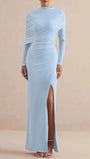 Front view of the powder blue dress with feather cuffs and high side slit