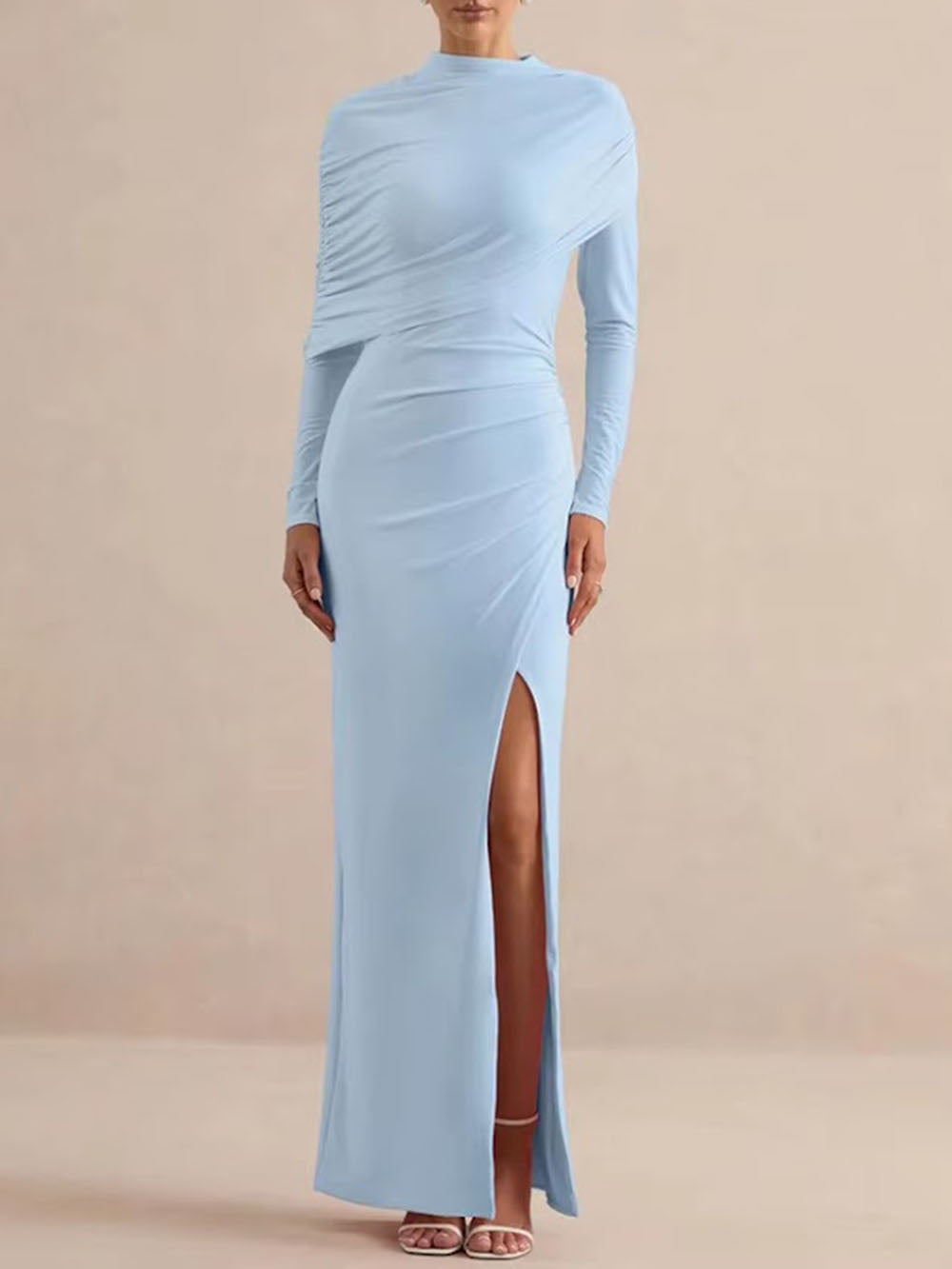 Front view of the powder blue dress with feather cuffs and high side slit