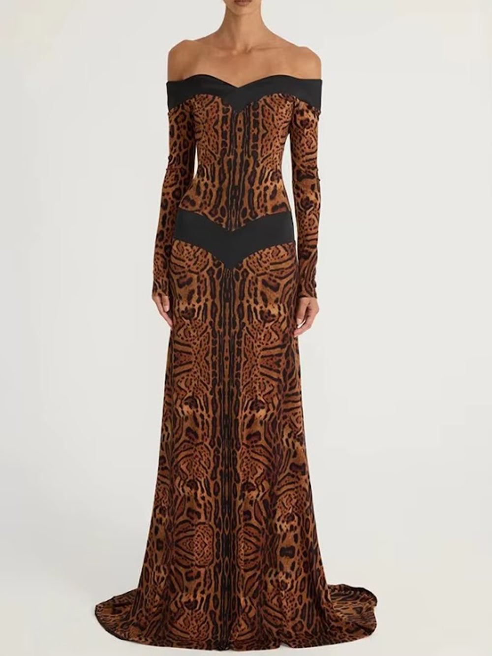 Front studio view of the off-the-shoulder printed gown with a fitted bodice and full-length hem