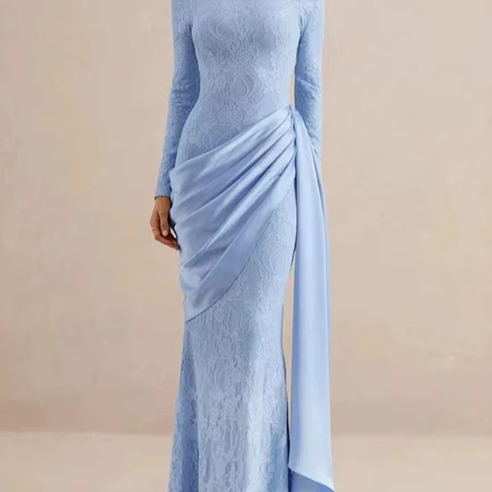 Front view of Elodie Lace Draped Gown in powder blue with high neckline and asymmetric side drape