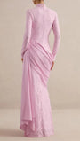 Back view of the blush rose gown showing floral lace and an asymmetric satin-look overlay