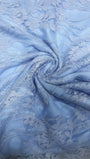 Close up of powder blue floral lace showing the delicate patterned texture