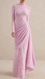 Front view of the blush rose lace gown with high neck and long sculpted drape