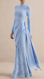 Full length front view of the powder blue gown with floral lace and flowing asymmetric panel