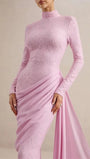 Close front view of the blush rose gown highlighting fitted lace and draped waist detailing