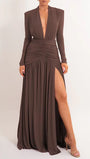 Front view of the espresso floor-length gown with tailored neckline and gathered waist