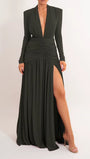 Front view of the olive blazer gown with deep V lapel neckline and thigh slit