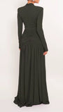 Back view of the olive floor-length gown with fitted shoulders and long skirt