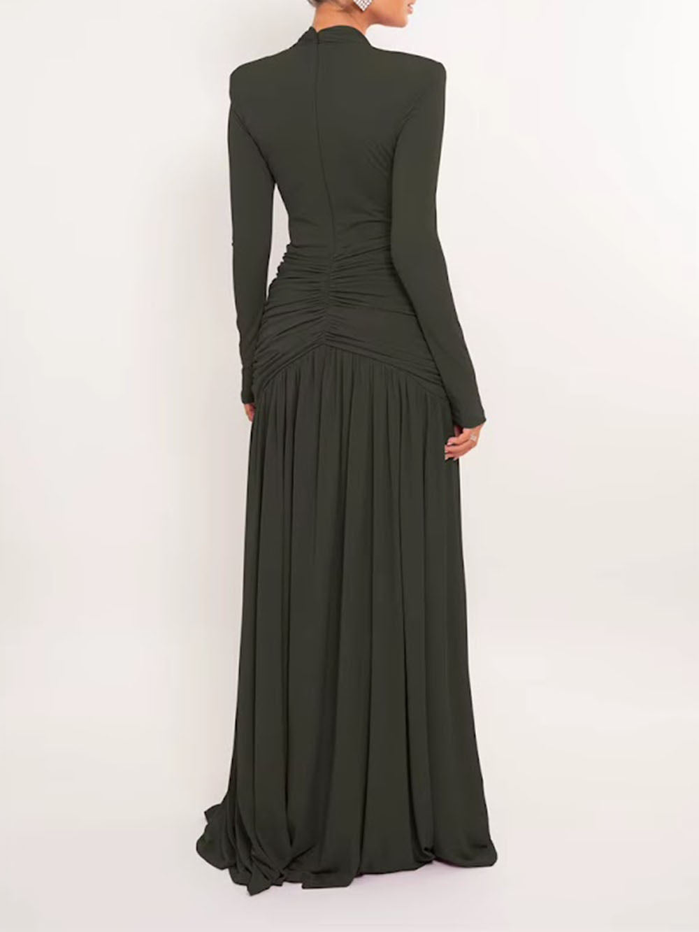 Back view of the olive floor-length gown with fitted shoulders and long skirt