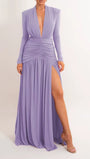Front view of the lavender gown with blazer neckline, long sleeves, and gathered hip