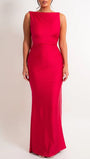 Front view of the scarlet floor-length dress with clean sleeveless high neckline
