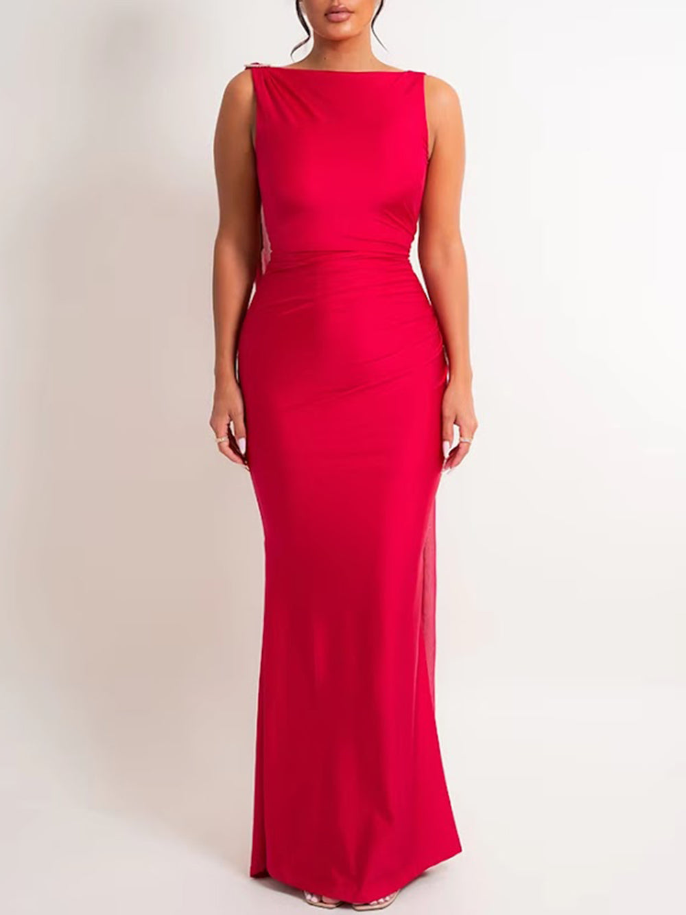 Front view of the scarlet floor-length dress with clean sleeveless high neckline