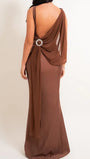 Back view of the mocha dress highlighting the cascading drape and ring accent