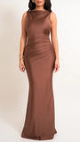 Front view of the mocha floor-length column dress with sleeveless neckline