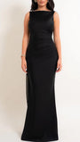 Front view of the black maxi dress showing its sleek fitted silhouette