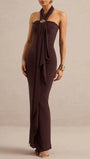 Front view of Isadora Halter Drape Maxi Dress in espresso with long scarf panel and jeweled neckline