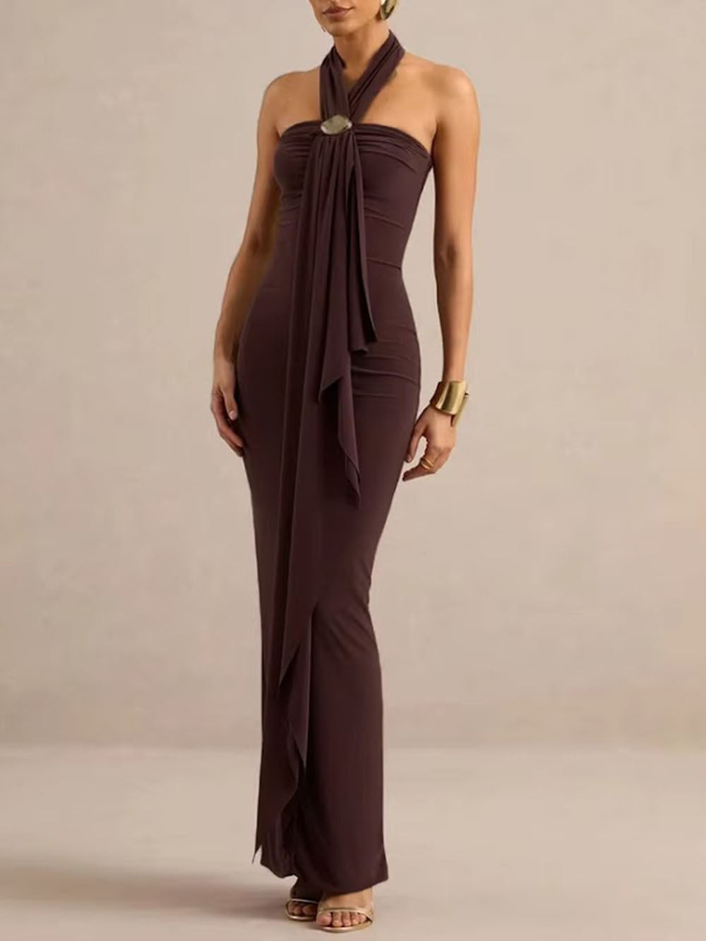 Front view of Isadora Halter Drape Maxi Dress in espresso with long scarf panel and jeweled neckline