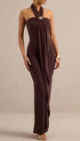 Three-quarter view of the espresso dress with cascading neckline drape