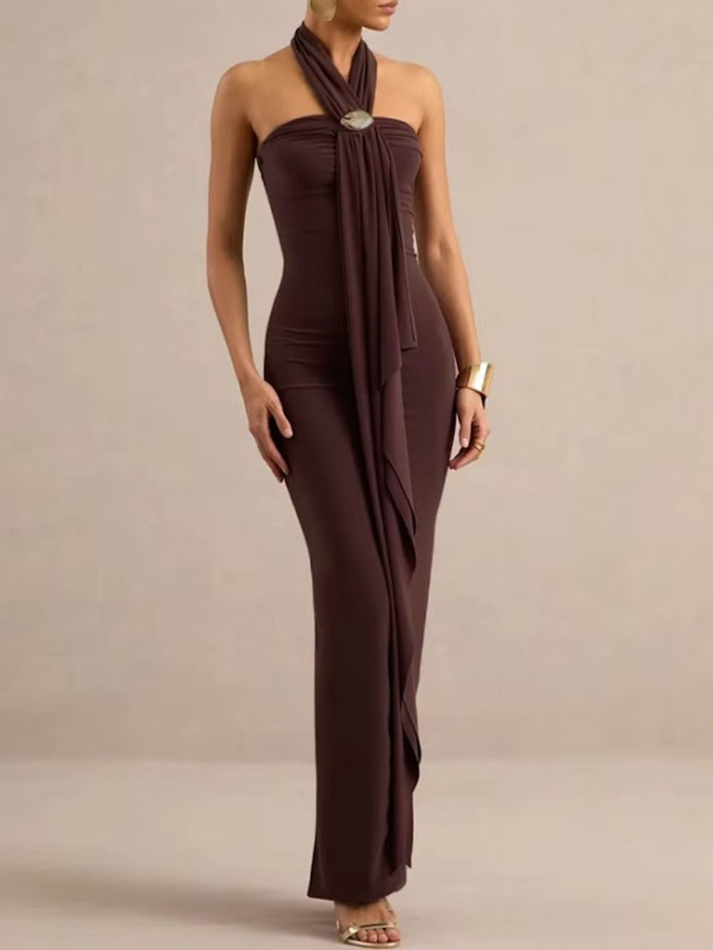 Three-quarter view of the espresso dress with cascading neckline drape